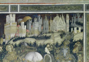 Szent György és Trebizond hercegnője, a háttérben látható város részlete, kb. 1433-38